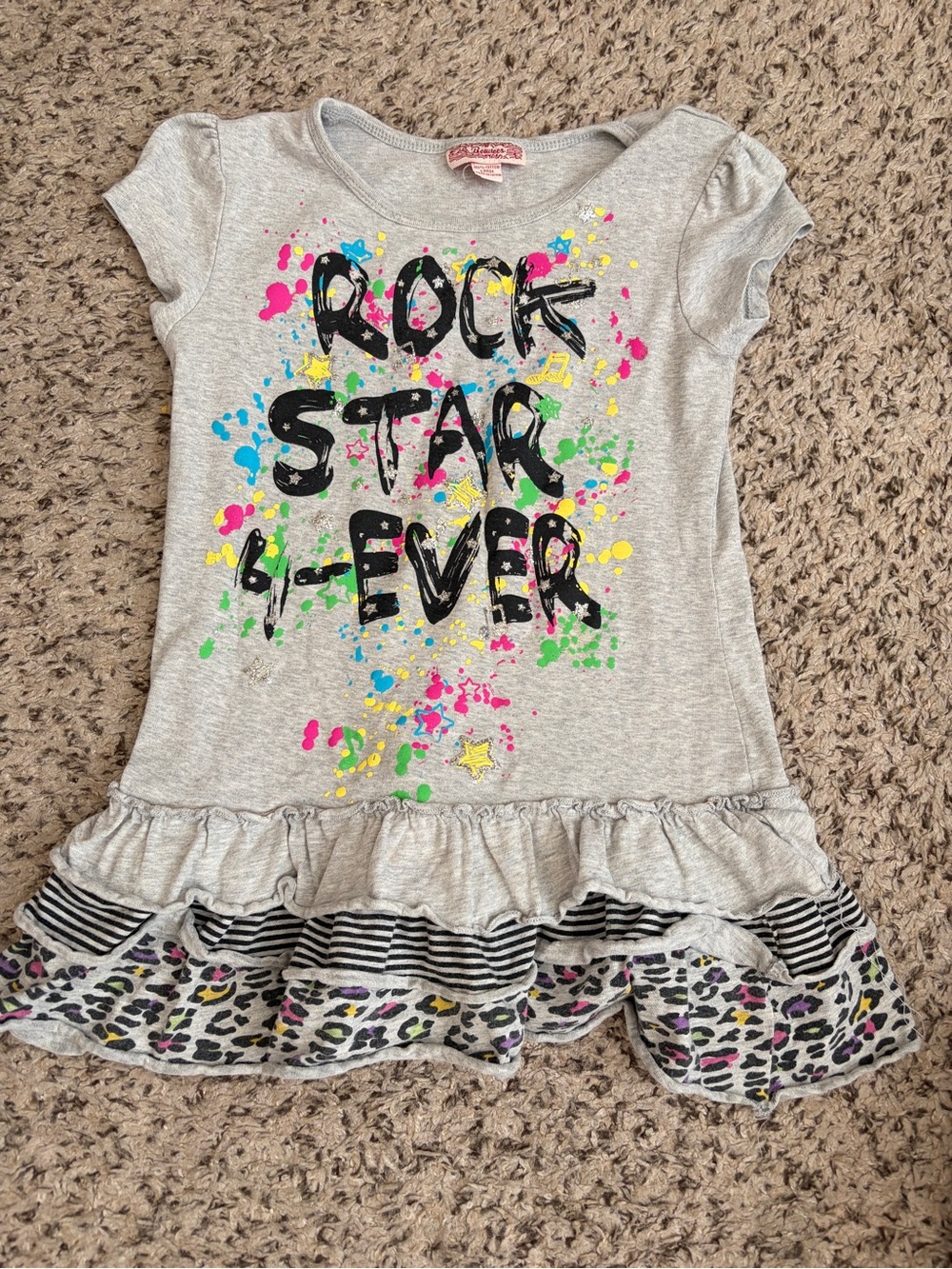 Girls' Y2k Gray 'Rock Star 4-Ever' Ruffle Hem Tee